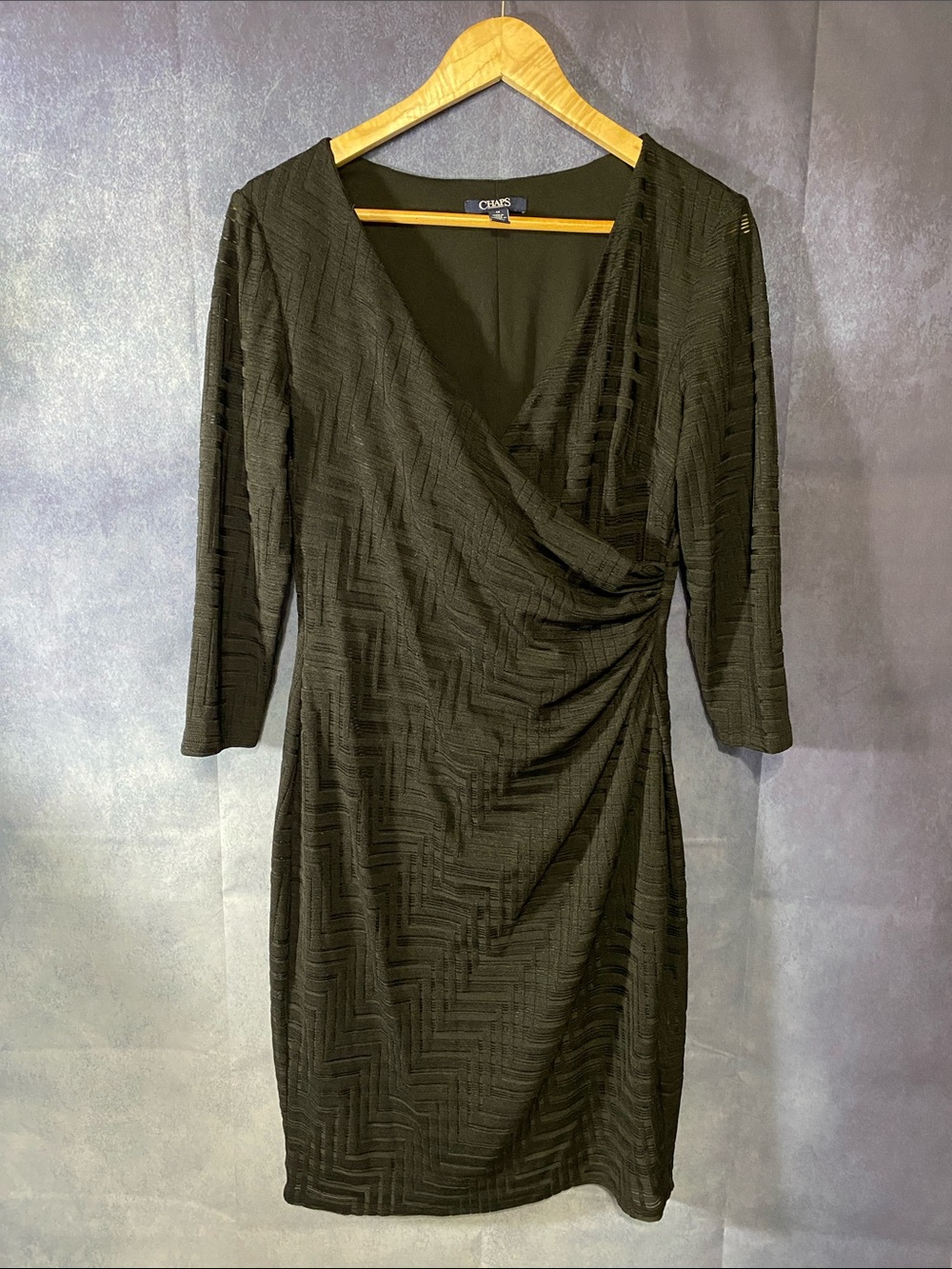 Chaps Black Textured Wrap-Front Midi Dress with Three-Quarter Sleeves